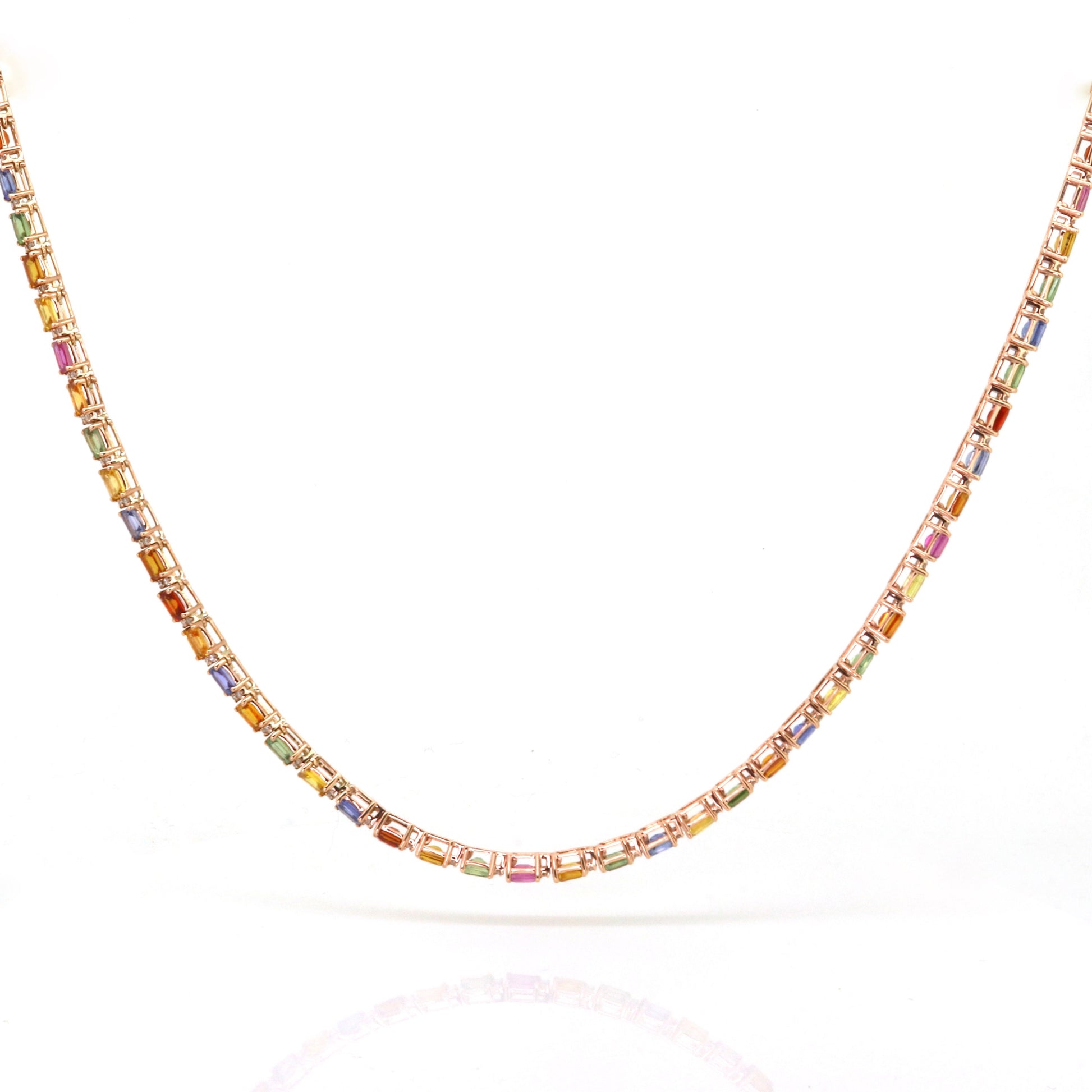 Rainbow Sapphire & Diamond Tennis Necklace - Natural Multi Color Gemstone Chain, Colorful Gemstones