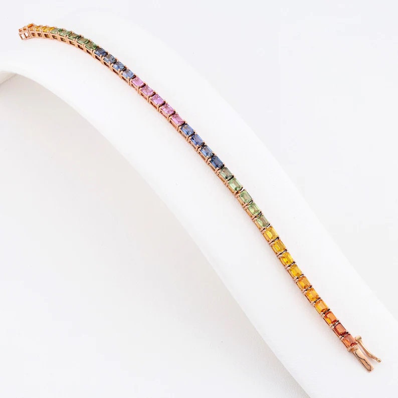 Natural Rainbow Emerald Cuts 4x3 Sapphire Tennis Bracelet - Natural Sapphires, Solid 9K 14K 18K Gold, Colorful Bracelet Gemstones