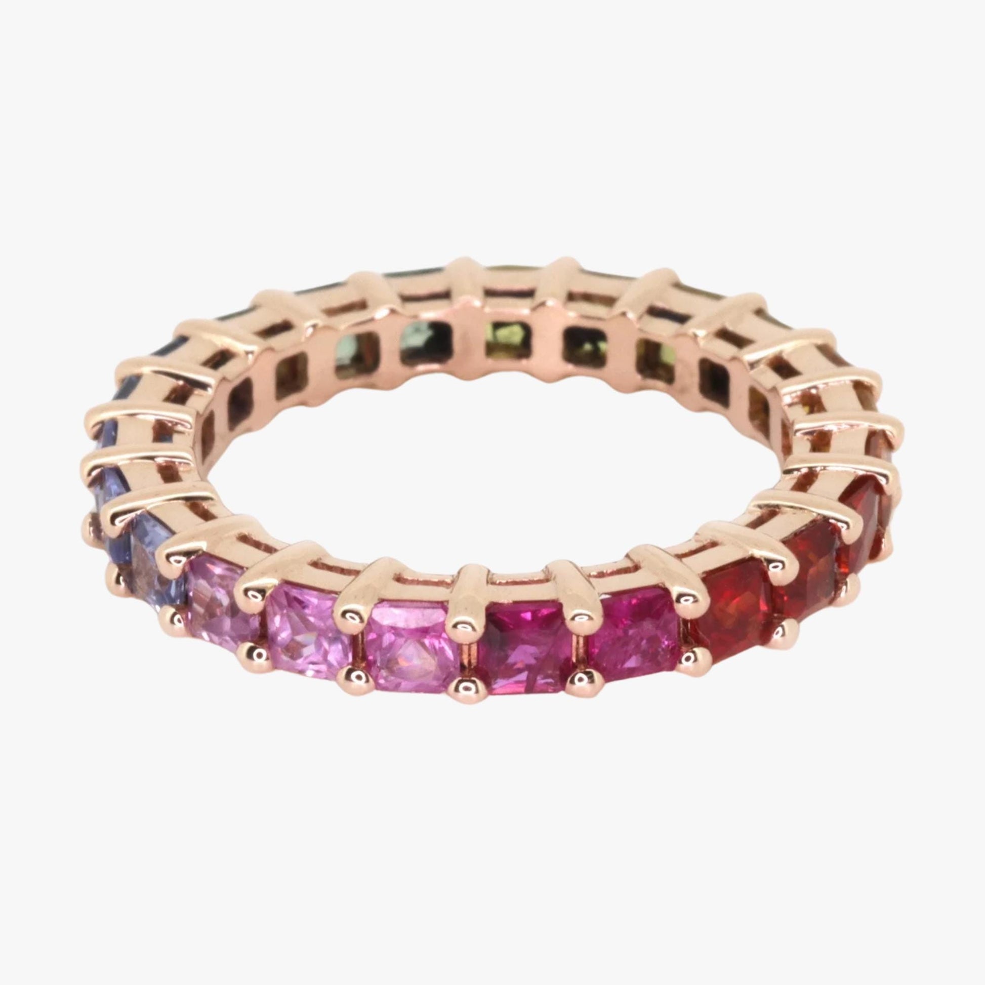 Rainbow Sapphire Eternity Band 18K Gold Ring, Princess Cut Multi Color Natural Sapphire Ring
