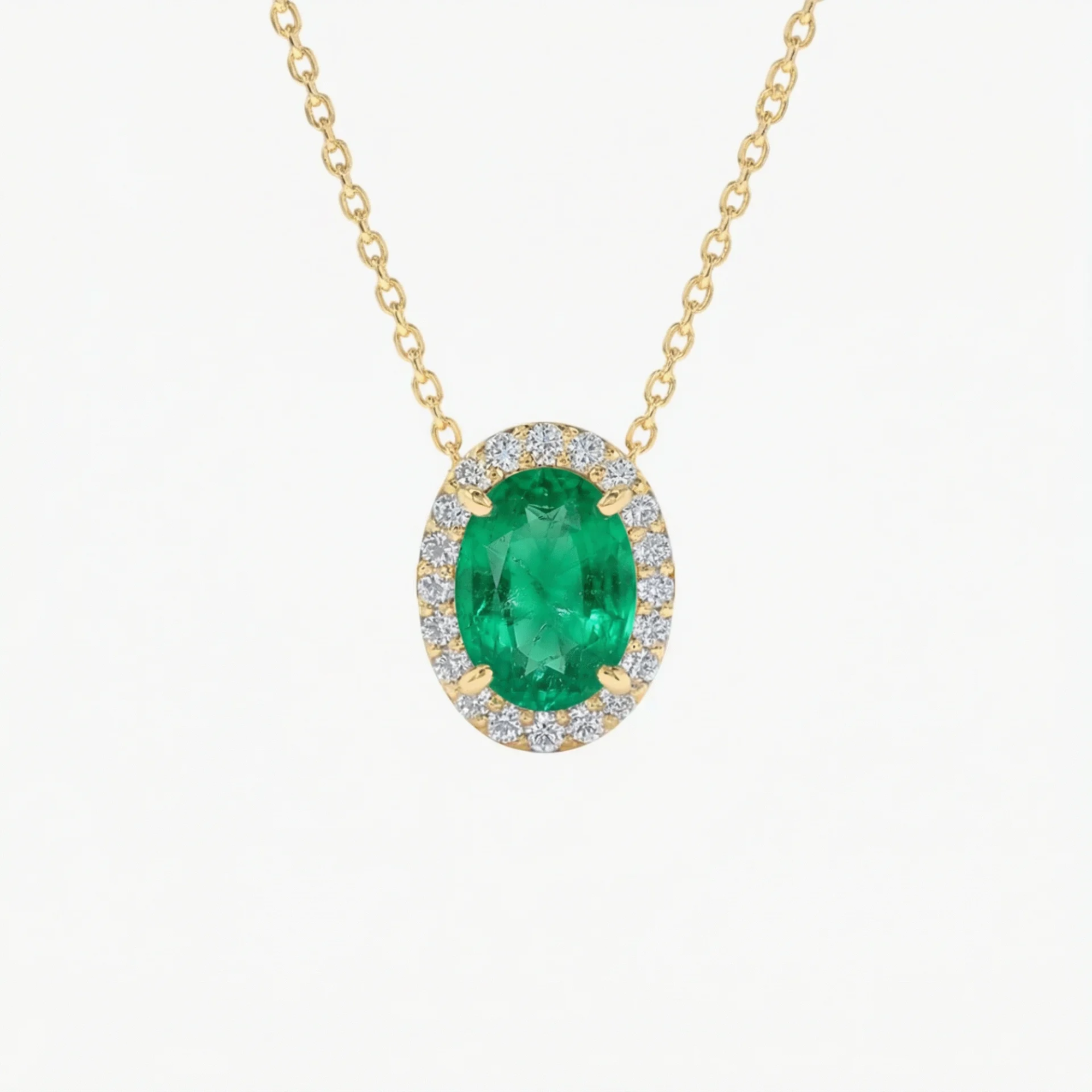 Emerald Halo Pendant Necklace in 14K Gold  – Natural Diamond Accent Minimalist Necklace for Her
