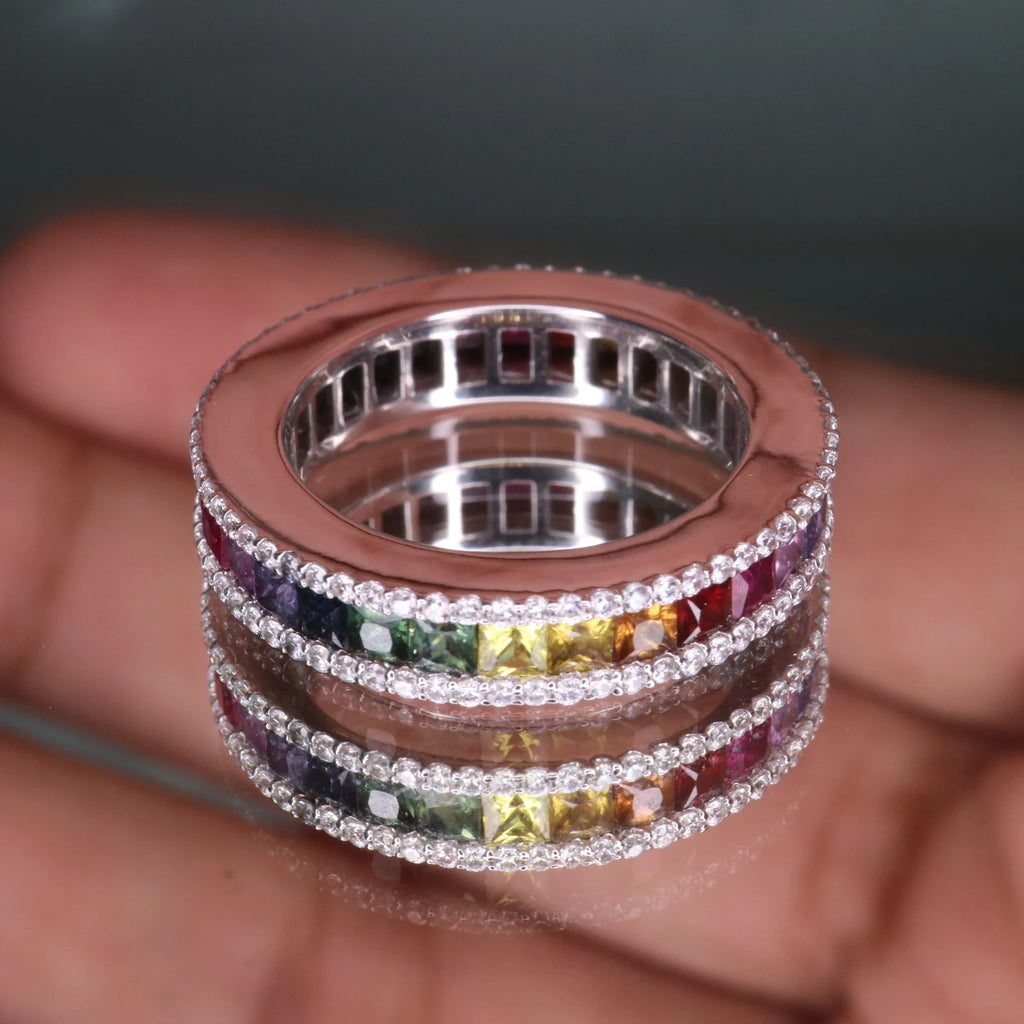14K Gold Rainbow Sapphire & Diamonds Eternity Ring