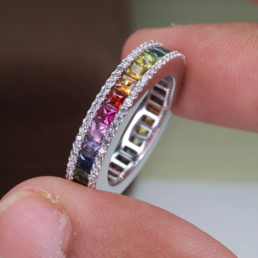 14K Gold Rainbow Sapphire & Diamonds Eternity Ring