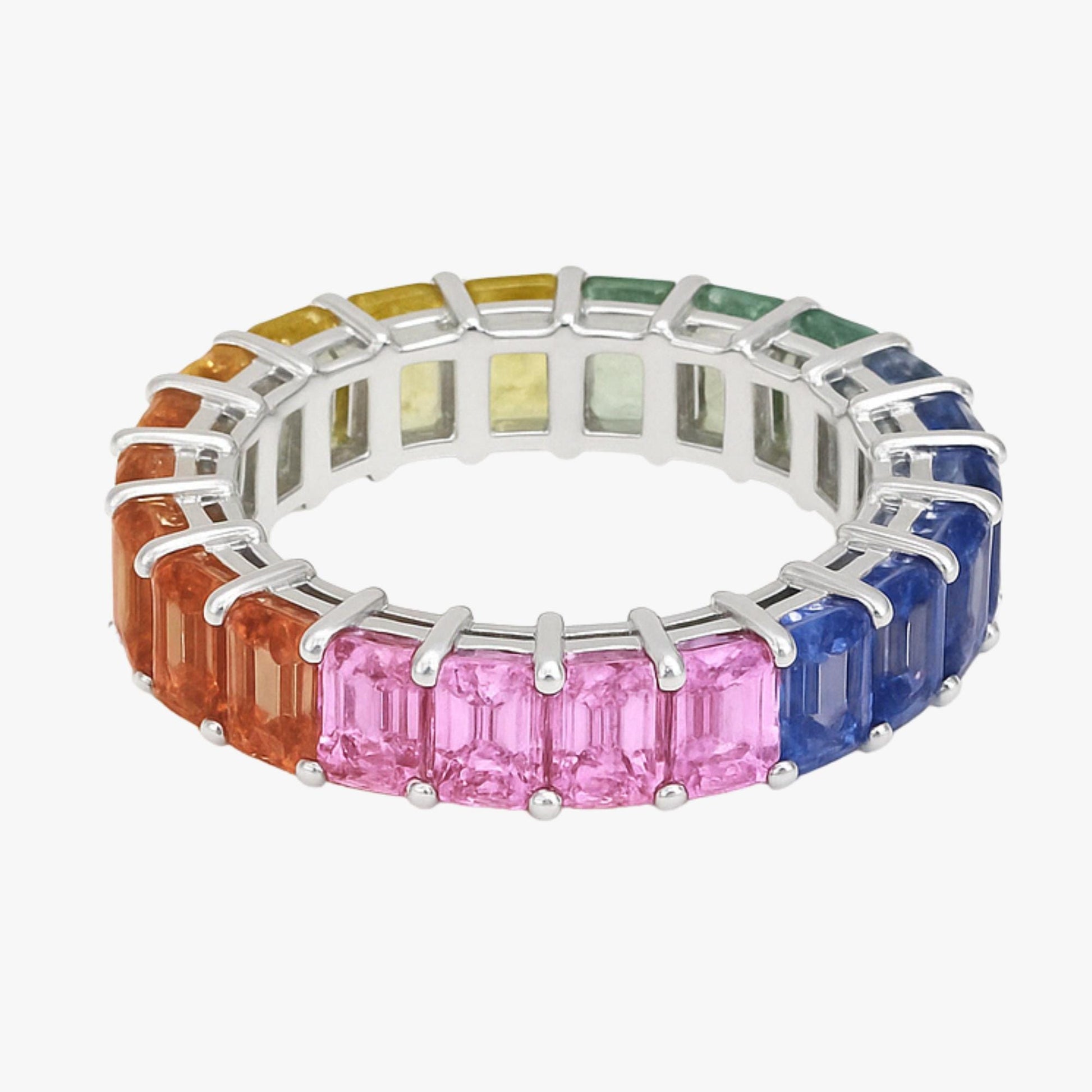 Rainbow Sapphire Eternity Ring Emerald Cut 18K Gold Ring, Multi Color Natural Sapphire Ring