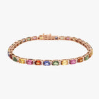 Natural Sapphire & Diamond Tennis Bracelet - Emerald Cuts - Natural Multi Color Gemstone, Solid 14K 18K Gold, Colorful Bracelet Gemstones