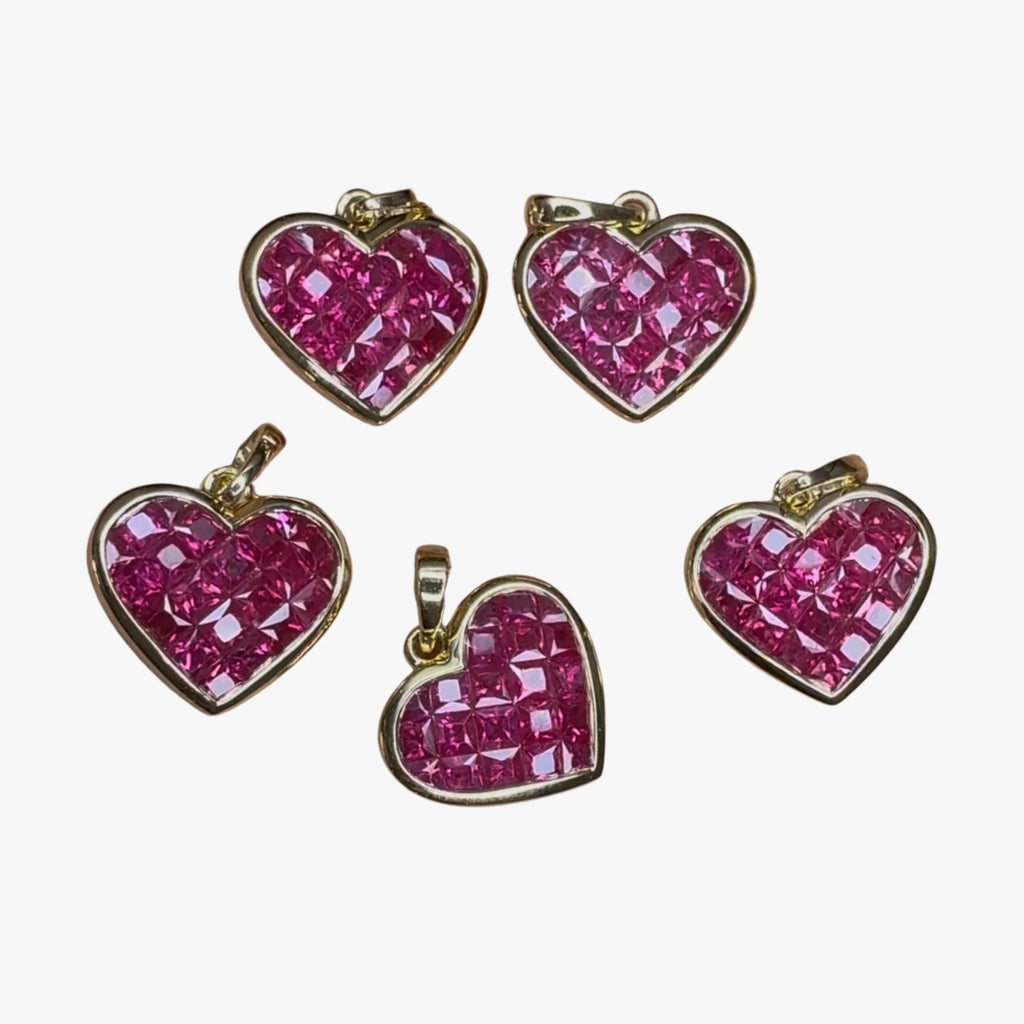 Invisible Set Ruby Heart Pendants - 14K Gold