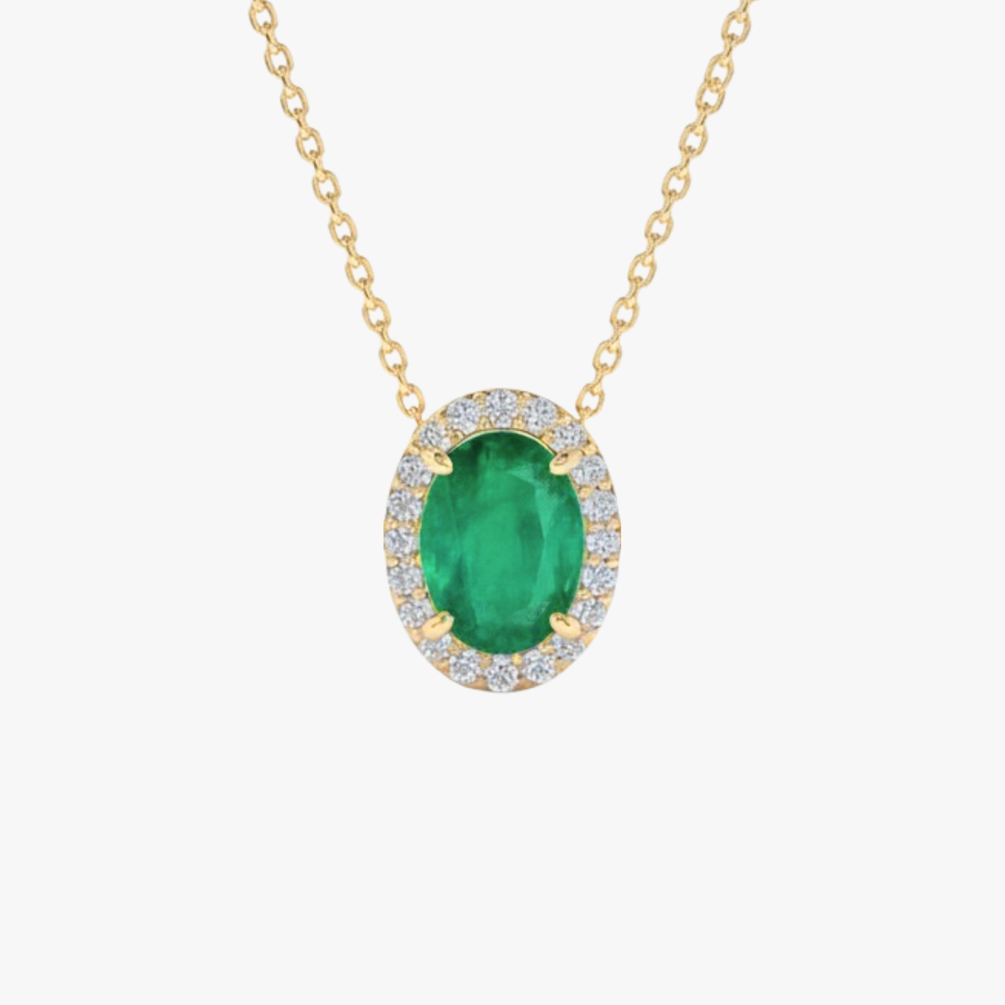 14K Gold Natural Emerald Pendant Necklace with Halo Diamonds - May Birthstone