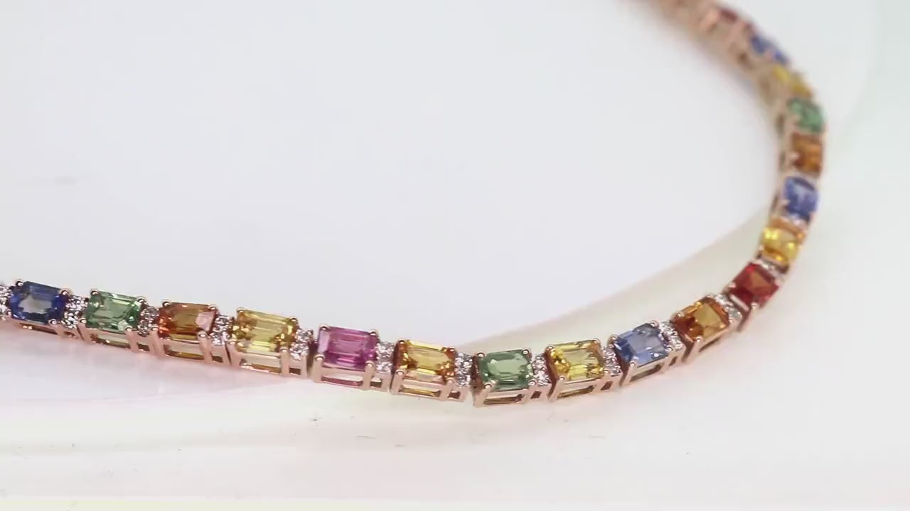 Rainbow Sapphire & Diamond Tennis Necklace - Natural Multi Color Gemstone Chain, Colorful Gemstones