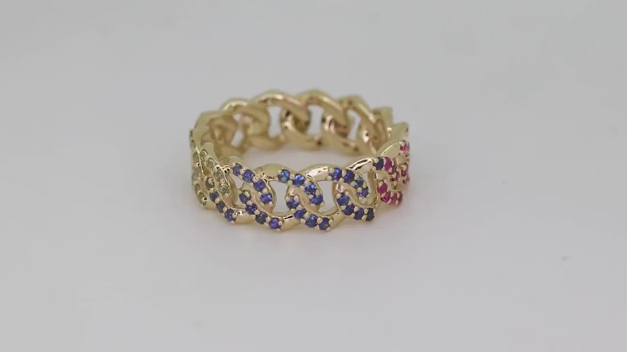 Rainbow Sapphire Cuban Ring - 14K Gold