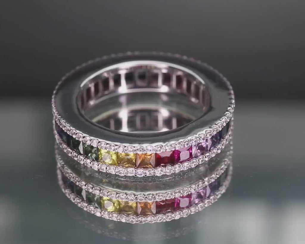 14K Gold Rainbow Sapphire & Diamonds Eternity Ring