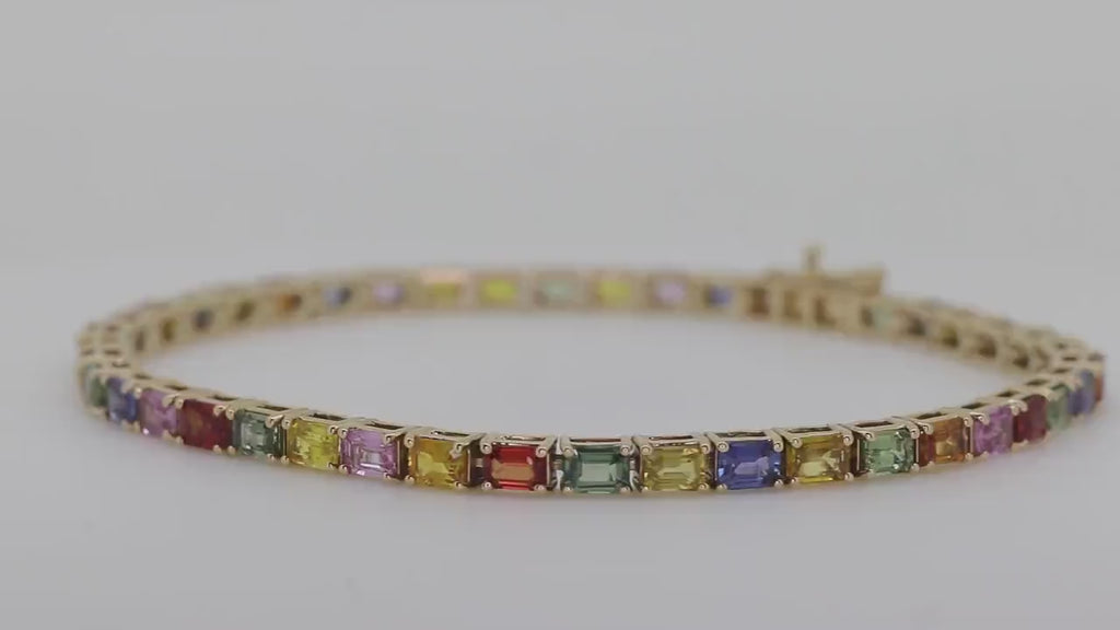 Natural Multi Sapphire Tennis Bracelet - Emerald Cut - 14K Gold