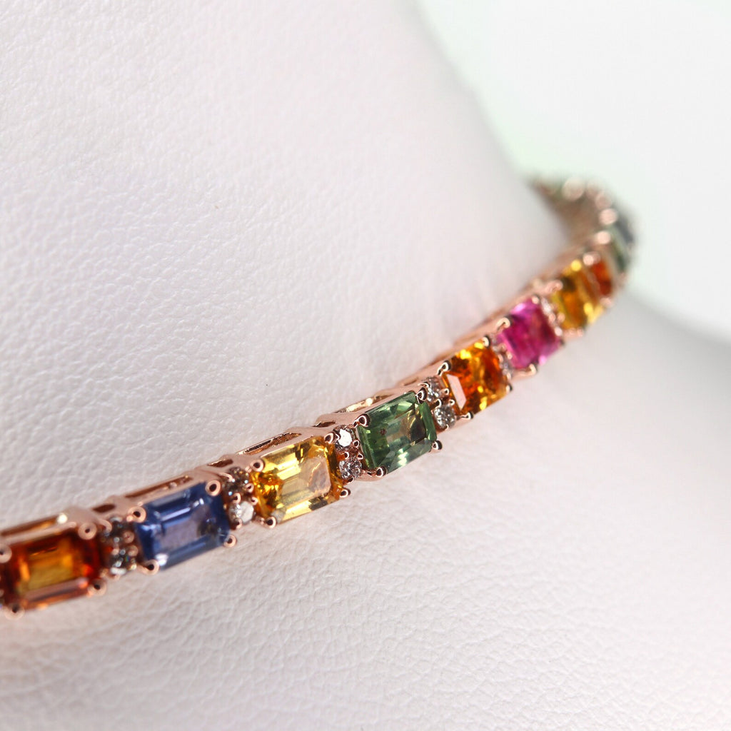 Rainbow Sapphire & Diamond Tennis Necklace - Natural Multi Color Gemstone Chain, Colorful Gemstones