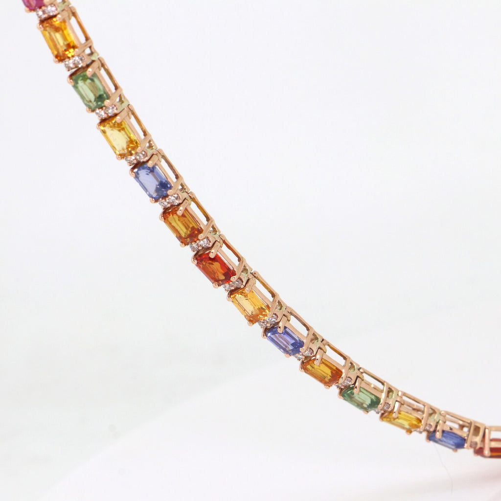 Rainbow Sapphire & Diamond Tennis Necklace - Natural Multi Color Gemstone Chain, Colorful Gemstones
