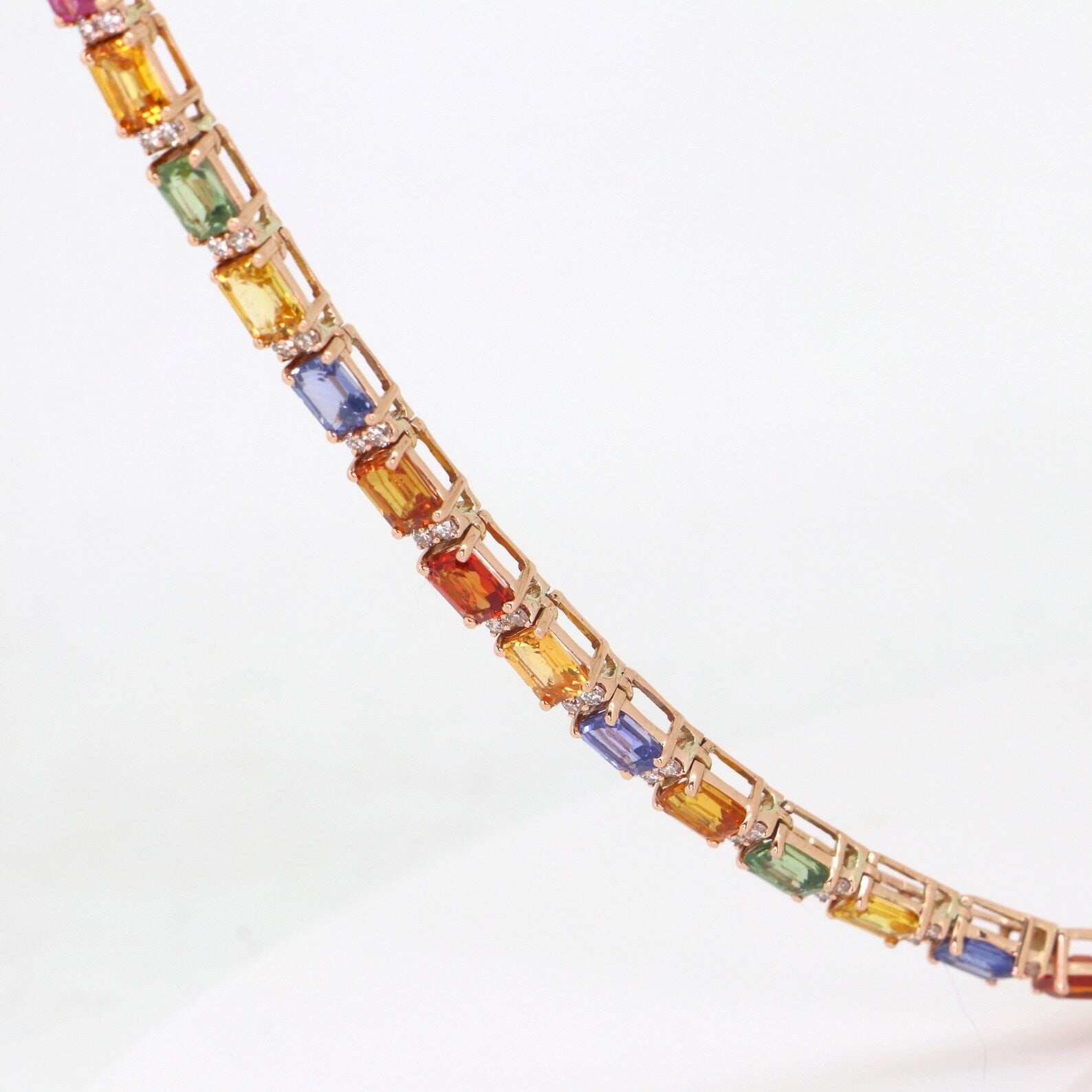 Rainbow Sapphire & Diamond Tennis Necklace - Natural Multi Color Gemstone Chain, Colorful Gemstones