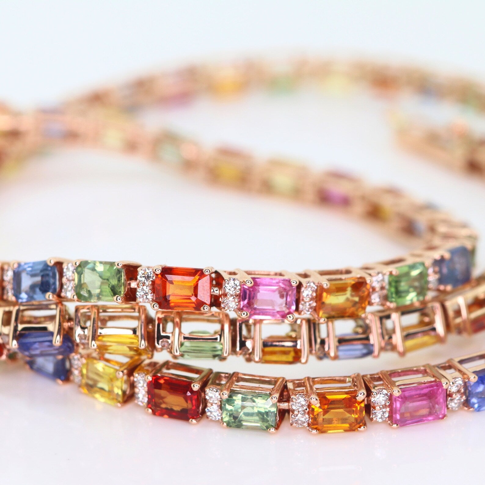 Rainbow Sapphire & Diamond Tennis Necklace - Natural Multi Color Gemstone Chain, Colorful Gemstones