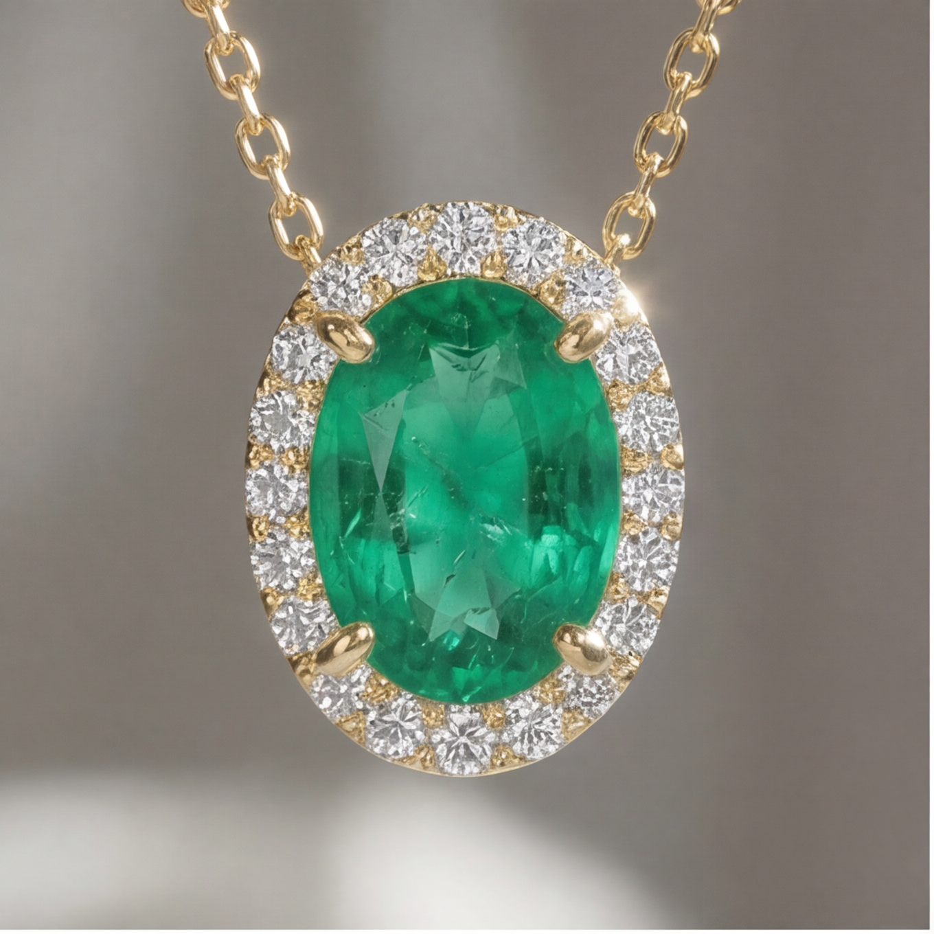 Emerald Halo Pendant Necklace in 14K Gold  – Natural Diamond Accent Minimalist Necklace for Her