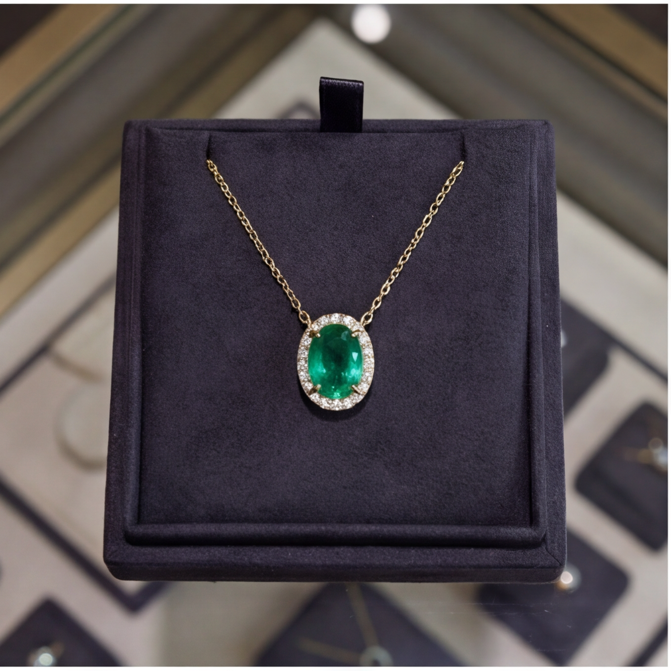 Emerald Halo Pendant Necklace in 14K Gold  – Natural Diamond Accent Minimalist Necklace for Her